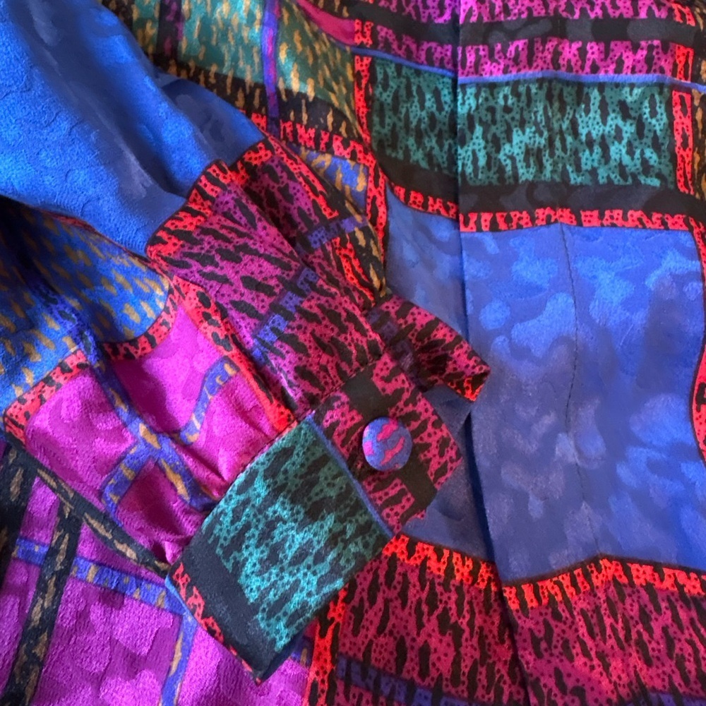 Vintage 100% Silk Jerri Sherman Blouse, Back Buttons, Neck Tie. Purple Blue - Picture 4 of 11